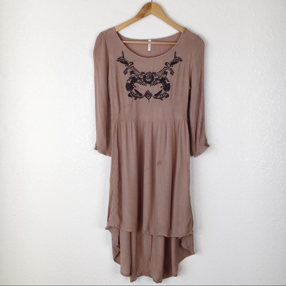 Pink Blush Brown Floral Embroidered High Low Dress - Picture 1 of 6